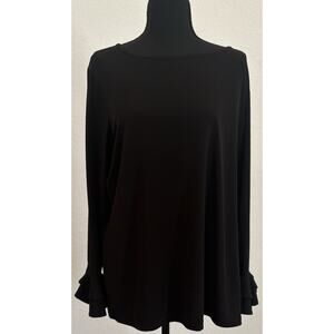 Susan Graver Liquid Knit Black Long Ruffle Sleeve Top Size 1X